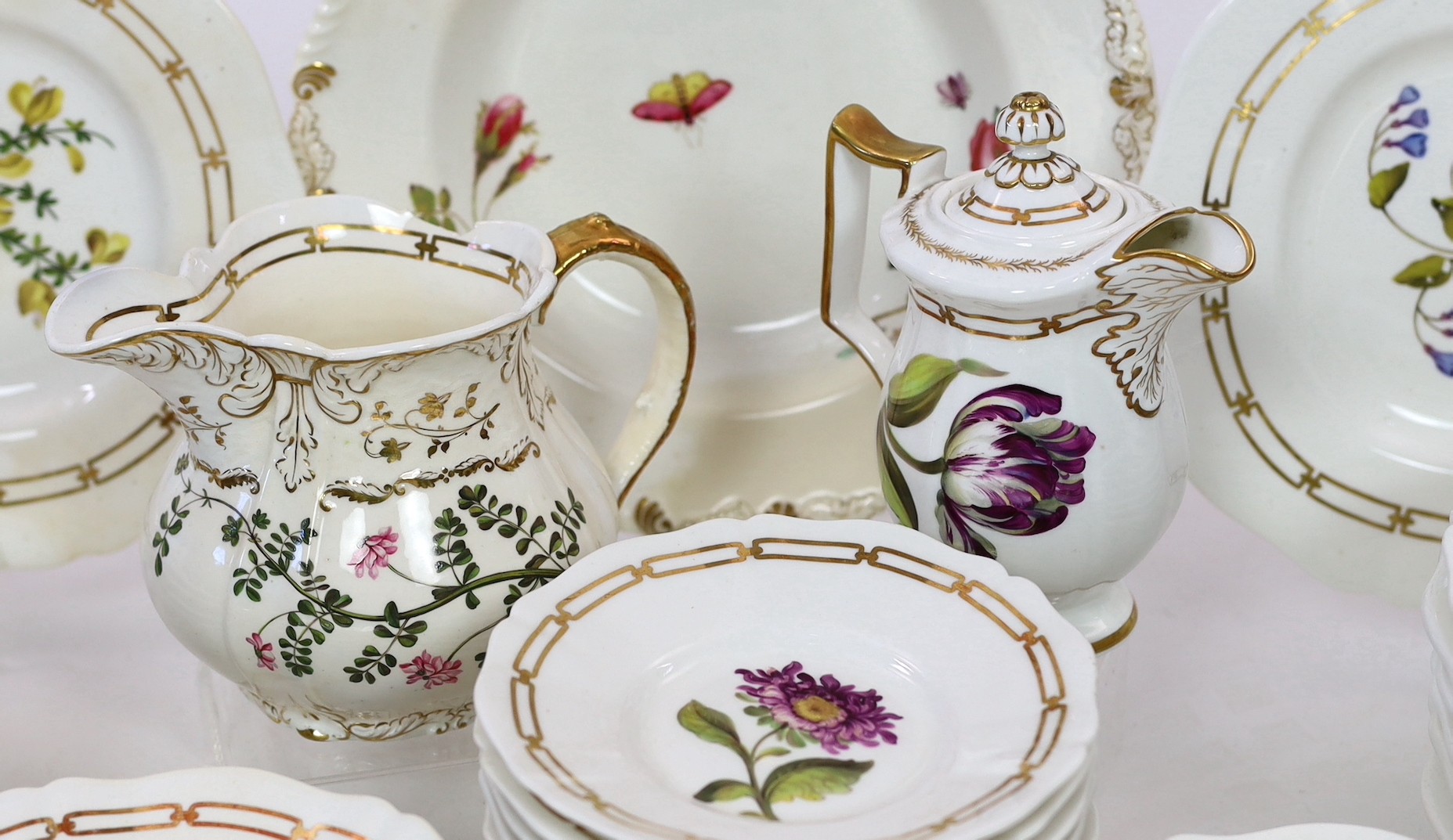 A rare Rockingham botanical specimen part breakfast service, griffin statant mark, c.1826, with some matching pieces, c.1830-5